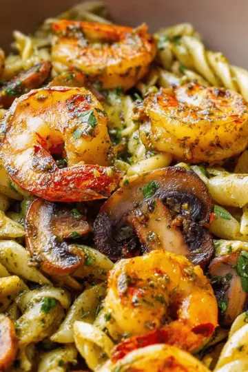 Pesto Shrimp Mushroom Pasta