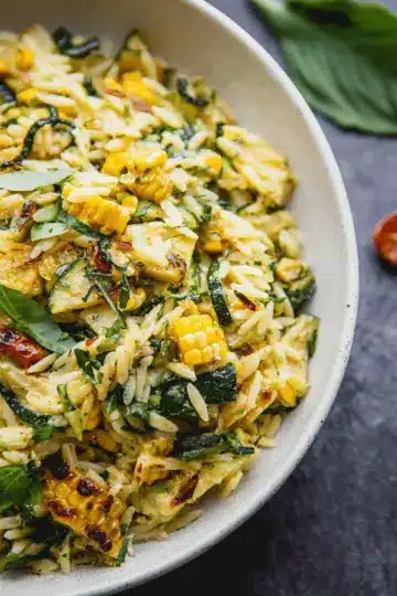 Pesto Zucchini Orzo with Charred Sweet Corn