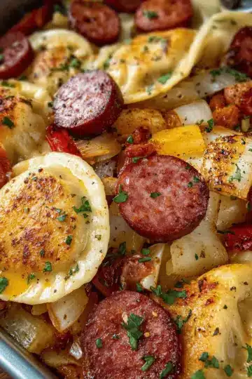 Kielbasa and Pierogies Sheet Pan Meal
