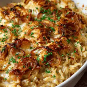 French Onion Chicken Orzo Casserole