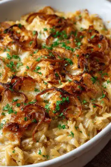 French Onion Chicken Orzo Casserole