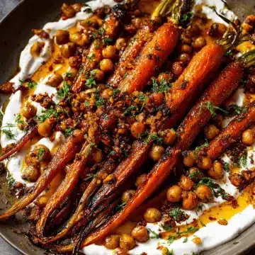 Spicy maple roast carrots with crispy chickpeas and yogurt sauce