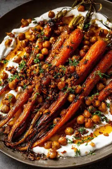 Spicy maple roast carrots with crispy chickpeas and yogurt sauce