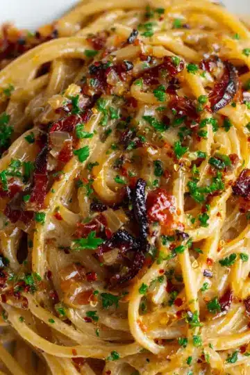 Caramelized Onion Pasta with Chilli Oil