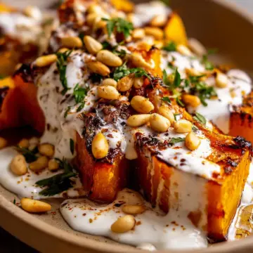 Roasted Pumpkin with Yogurt Sauce and Pine Nuts