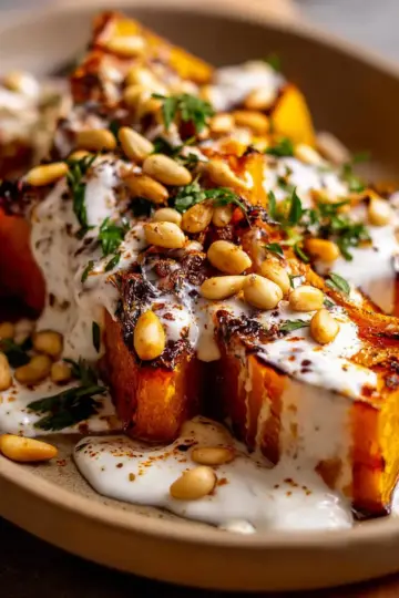 Roasted Pumpkin with Yogurt Sauce and Pine Nuts