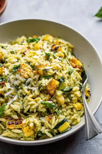 Pesto Zucchini Orzo with Charred Sweet Corn