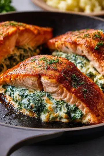 Quick-Broiled Creamy Spinach Stuffed Salmon