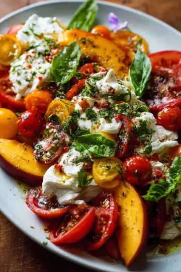 Tomato, Peach, and Burrata Salad