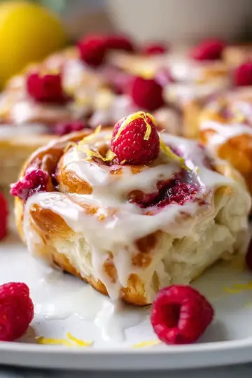 Overnight Raspberry Sweet Rolls with Lemon Cream Cheese Glaze