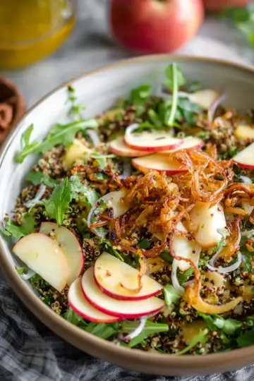 Honey Mustard Quinoa Apple Salad with Crispy Shallots