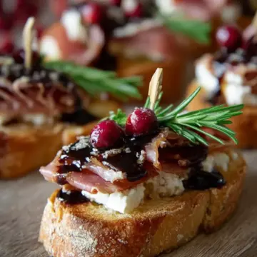 Cranberry, Brie and Prosciutto Crostini with Balsamic Glaze