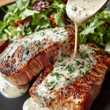Tuna Steaks with Creamy Garlic Sauce & Salad