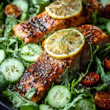 Citrus Oven Baked Salmon over Arugula Cucumber Salad Bliss