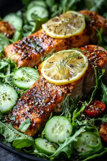 Citrus Oven Baked Salmon over Arugula Cucumber Salad Bliss
