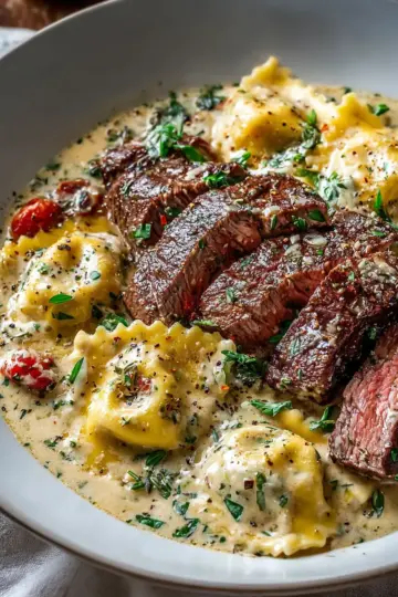 Steak and Ravioli with Creamy Garlic Herb Sauce