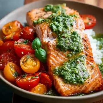 Salmon with Basil Sauce and Tomato Salad