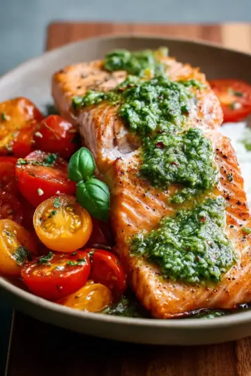 Salmon with Basil Sauce and Tomato Salad