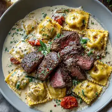 Steak and Ravioli with Creamy Garlic Herb Sauce