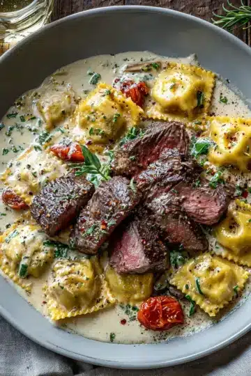 Steak and Ravioli with Creamy Garlic Herb Sauce