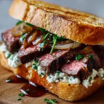Ultimate Irish Angus Steak Sandwich with Melted Blue Cheese and Caramelized Onions Recipe