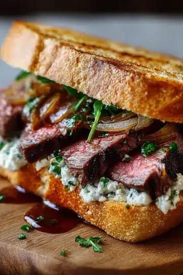 Ultimate Irish Angus Steak Sandwich with Melted Blue Cheese and Caramelized Onions Recipe