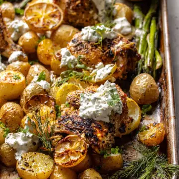Sheet Pan Lemon Rosemary Dijon Chicken and Potatoes with Feta Goddess Sauce