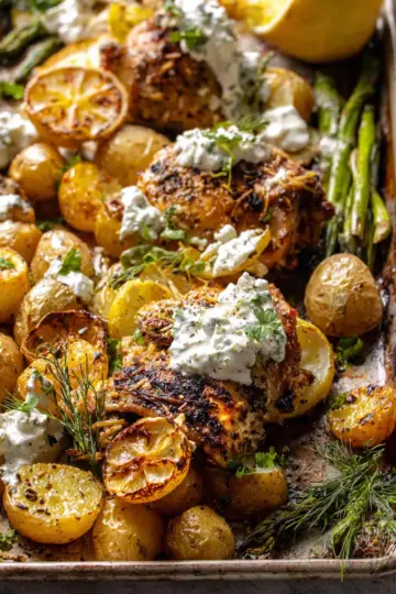 Sheet Pan Lemon Rosemary Dijon Chicken and Potatoes with Feta Goddess Sauce