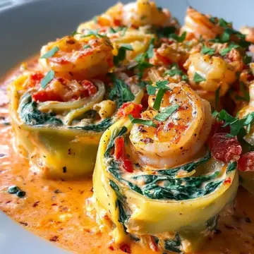 Shrimp and Spinach Stuffed Pasta Rolls with Roasted Red Pepper Cream