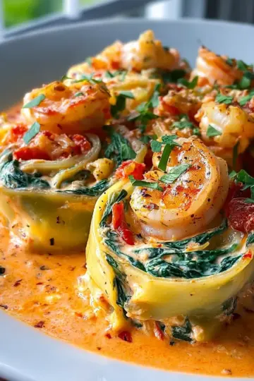 Shrimp and Spinach Stuffed Pasta Rolls with Roasted Red Pepper Cream